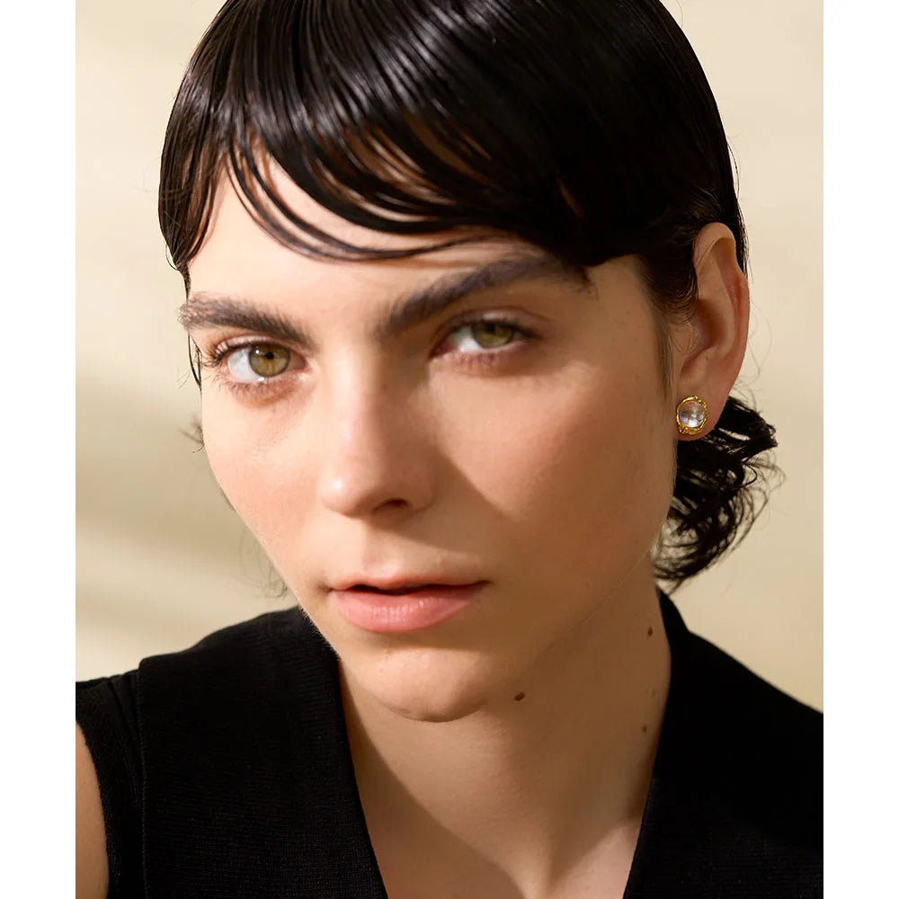 Yhpup-Asymmetric Sterling Silver Stud Earrings, Moonstone Artificial, Misteriosa Moda Textura, Encantos de Luxo, Fine Jewelry, AB