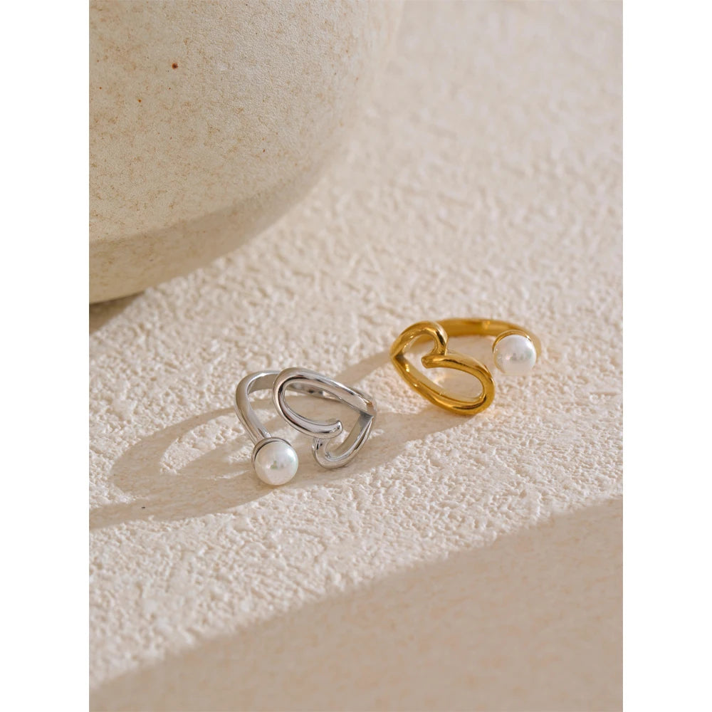 Yhpup recém chegados de aço inoxidável metal coração oco pérola anel ajustável ouro prata cor requintado popular jóias presente