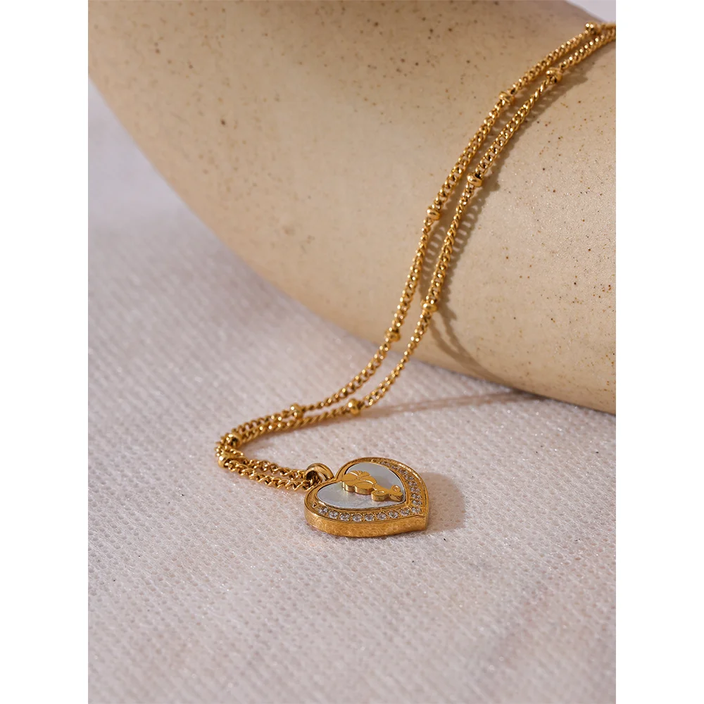 Yhpup na moda concha natural cz aço inoxidável coração flor pingente colar para mulheres coreano cor de ouro jóias à prova dwaterproof água
