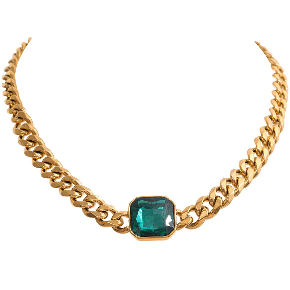 Yhpup hiperbólico cor dourada grossa corrente cubana cristal verde textura de metal colar de declaração de aço inoxidável joias da moda