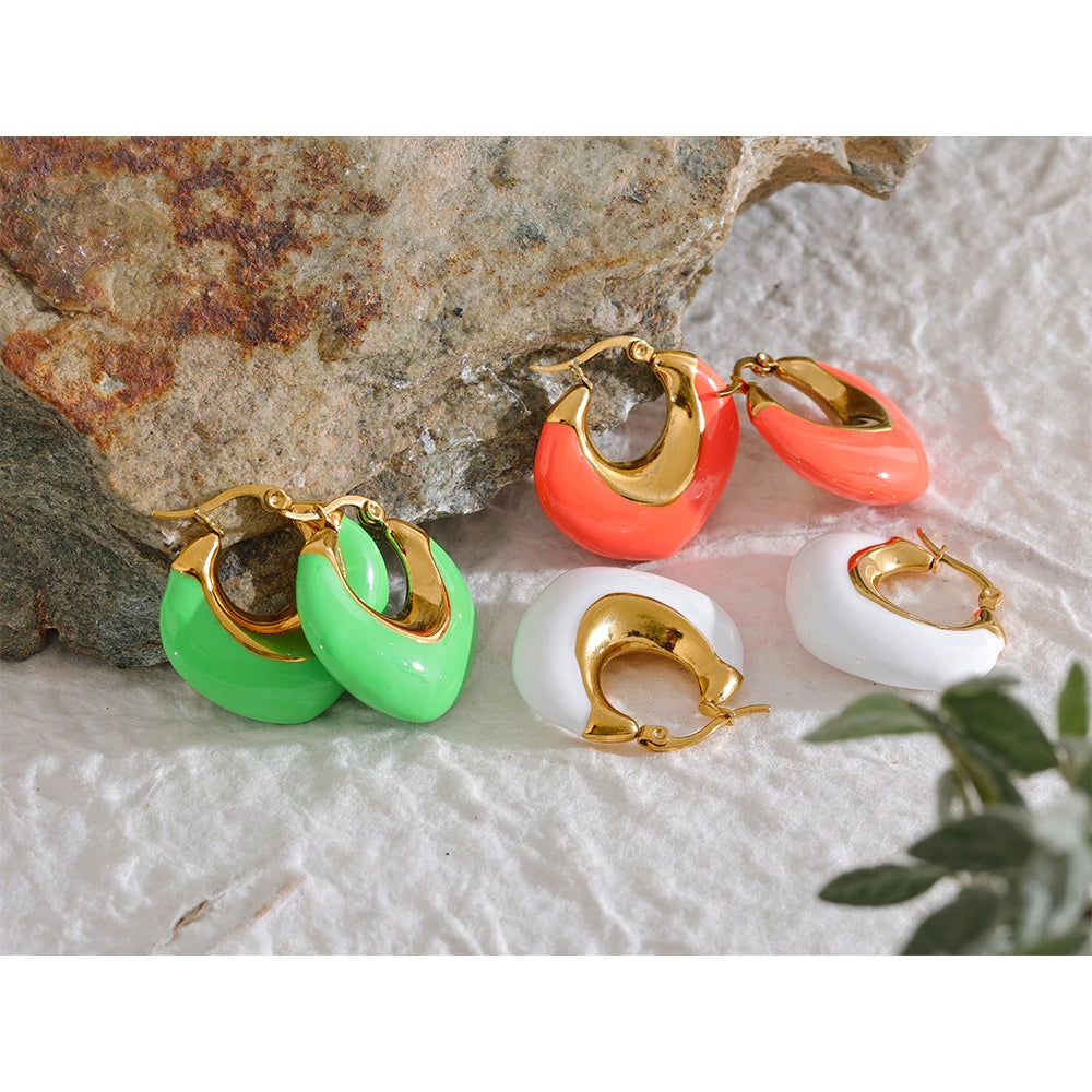 Yhpup multicolorido esmalte de aço inoxidável geométrico grosso brincos de argola feminino elegante metal à prova d'água joias para festa de verão