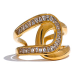 Yhpup moda aço inoxidável zircônia cúbica anel aberto para mulheres de alta qualidade geométrica delicada zircão jóias 18k pvd banhado