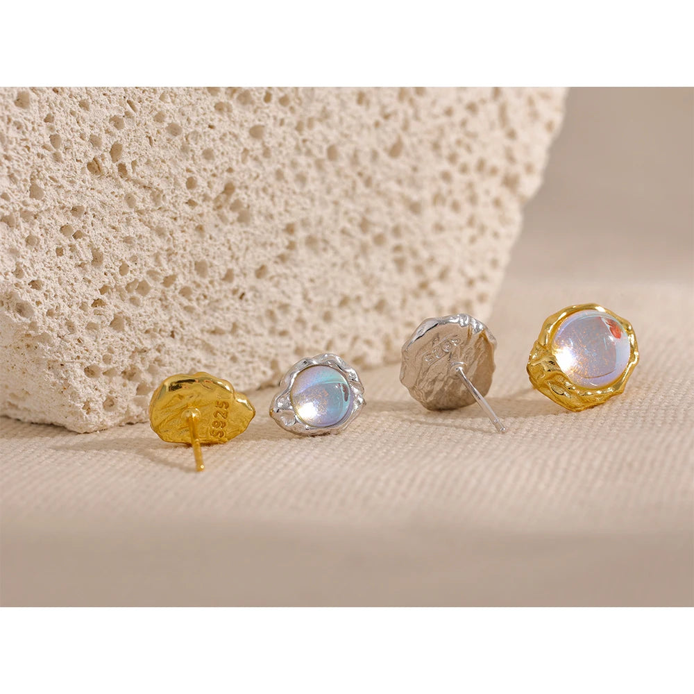 Yhpup-Asymmetric Sterling Silver Stud Earrings, Moonstone Artificial, Misteriosa Moda Textura, Encantos de Luxo, Fine Jewelry, AB