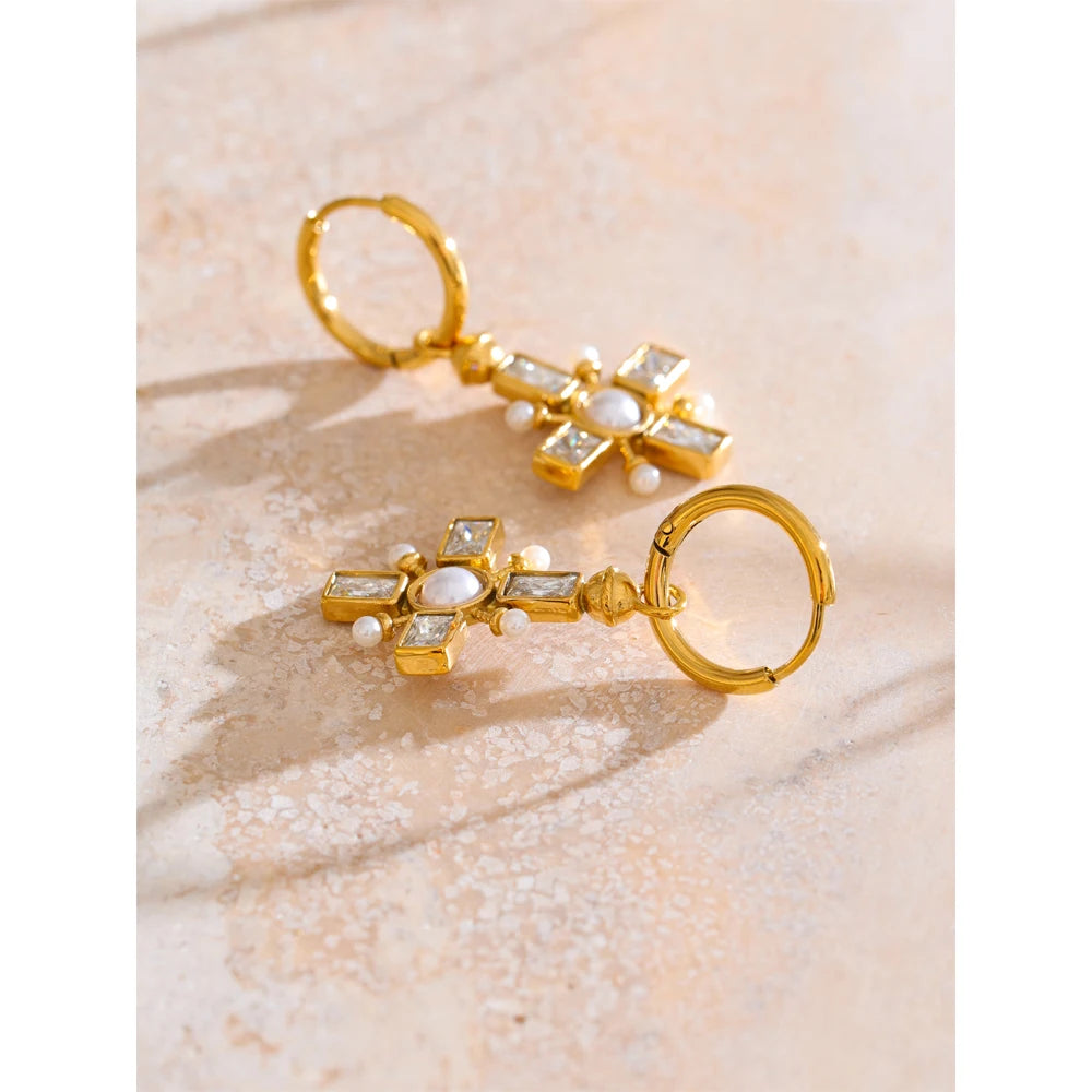 Yhpup brincos de argola com pérolas de zircônia, alta qualidade, cruz, aço inoxidável dourado, temperamento, joias diárias, presente