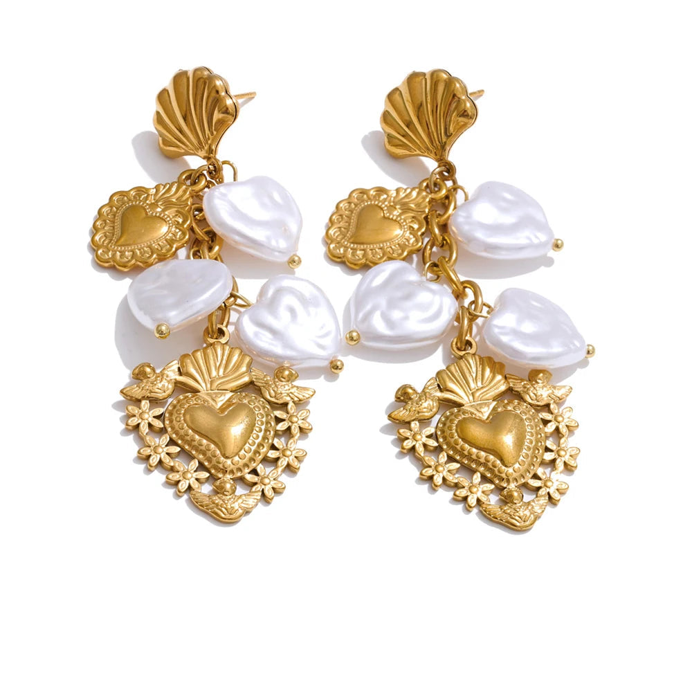 Yhpup barroco imitação de pérolas coração amor gota balançar brincos manuais dourado pvd banhado a aço inoxidável charme jóias de declaração
