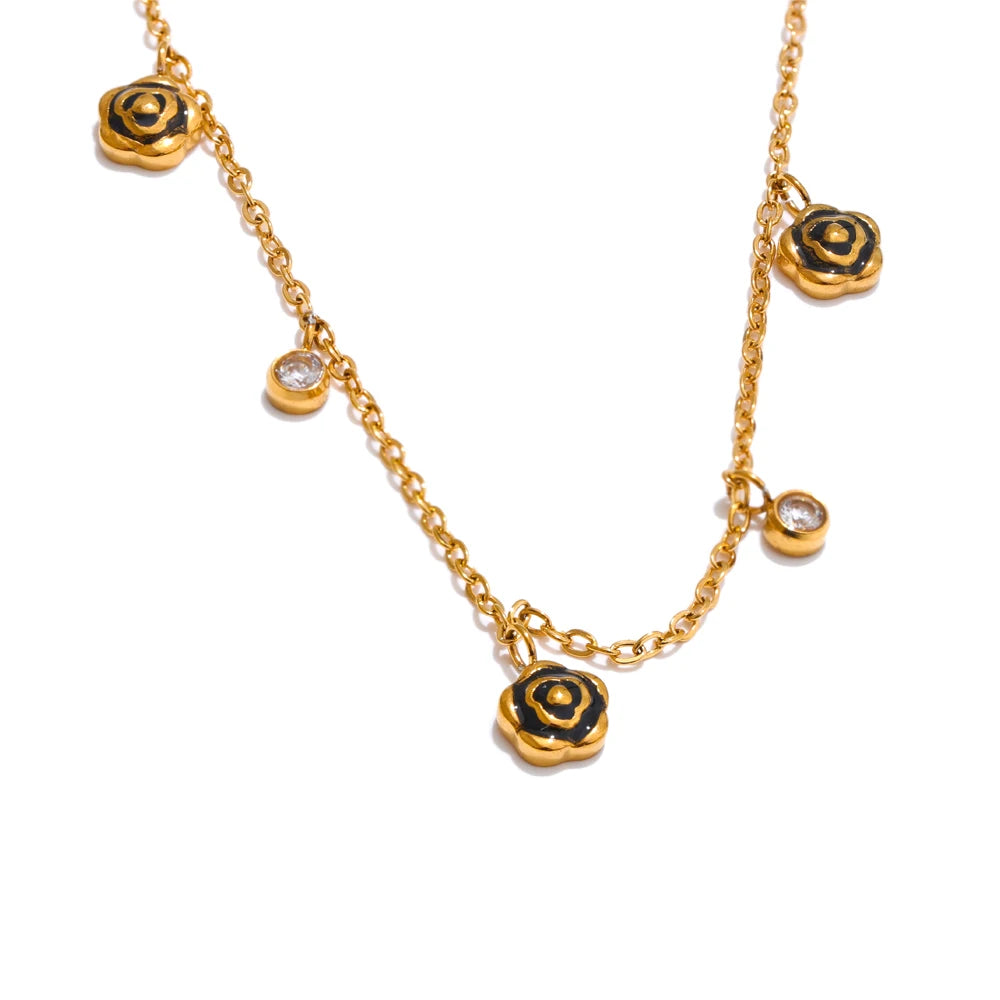 Yhpup preto esmalte flor zircônia corrente gota chique colar pvd banhado a aço inoxidável moda colar 18k jóias