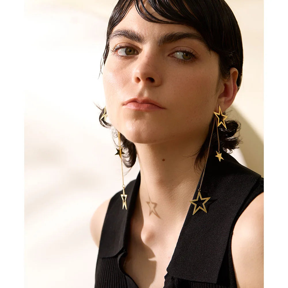 Yhpup moda estrela longa gota balançar brincos de aço inoxidável 18k banhado a ouro à prova dwaterproof água temperamento festa jóias gala