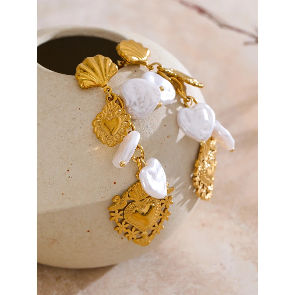 Yhpup barroco imitação de pérolas coração amor gota balançar brincos manuais dourado pvd banhado a aço inoxidável charme jóias de declaração