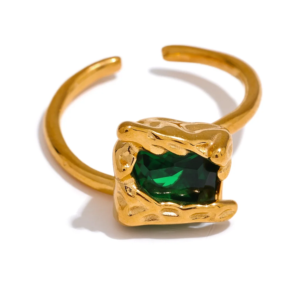 Yhpup preto verde zircônia cúbica aço inoxidável quadrado aberto anel 18k banhado a ouro de alta qualidade criativo à prova dwaterproof água jóias femininas