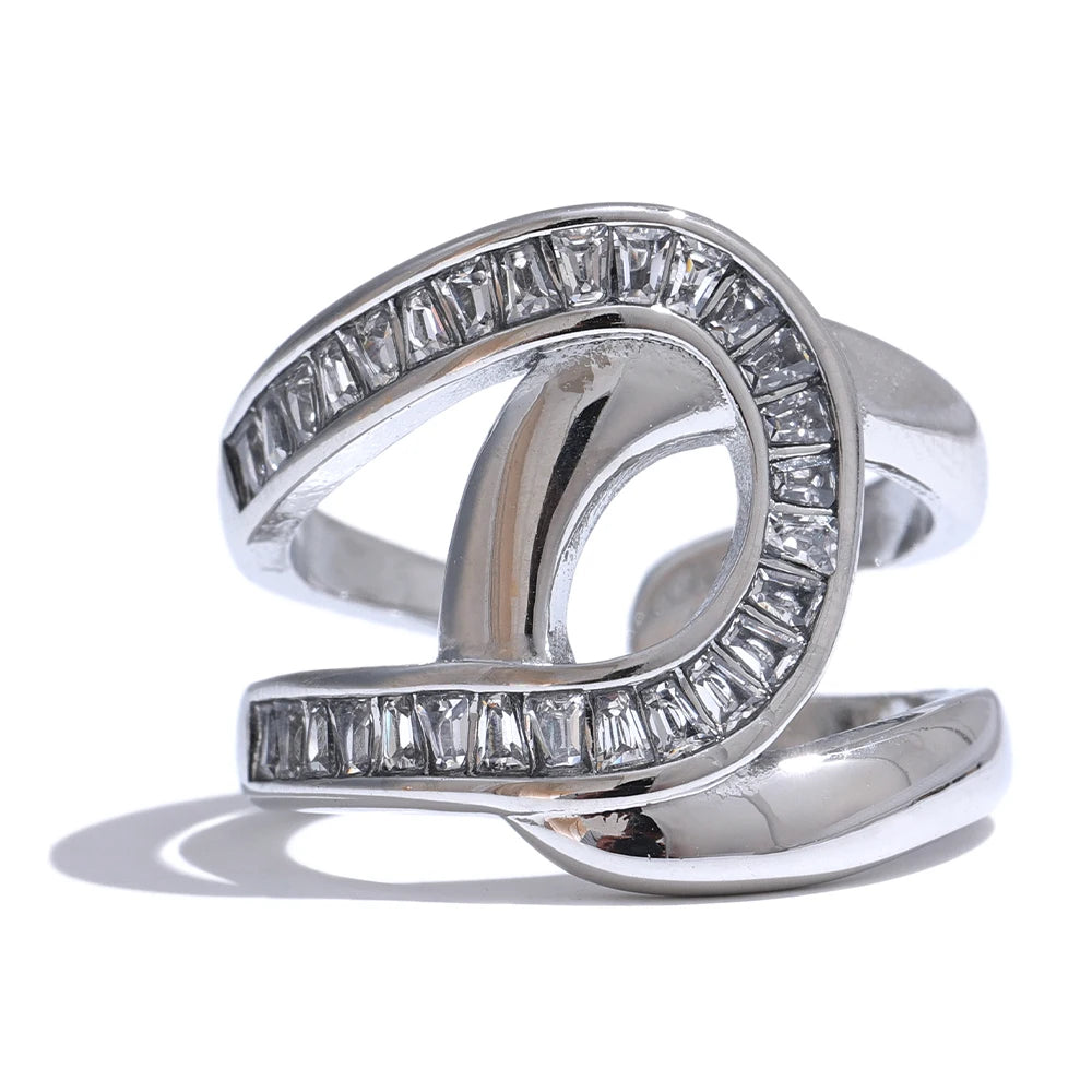 Yhpup moda aço inoxidável zircônia cúbica anel aberto para mulheres de alta qualidade geométrica delicada zircão jóias 18k pvd banhado