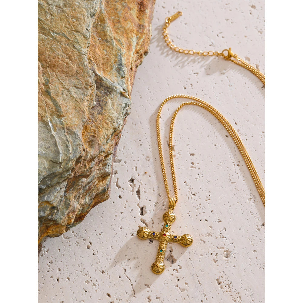 Yhpup declaração de aço inoxidável zircão cruz pingente colar vintage chegadas 18k banhado a ouro moda clássico jóias