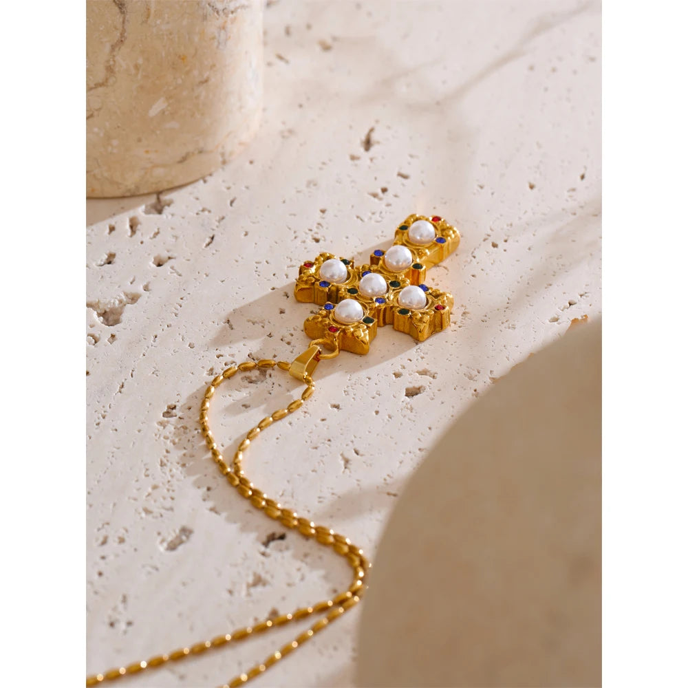 Yhpup zircônia imitação de pérolas cruz pingente colar dourado à prova d'água banhado charme aço inoxidável clássico joias populares