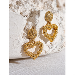Yhpup brincos de metal em aço inoxidável, coração oco, banhado a ouro, vintage, romântico, feminino, joias, moda, presente