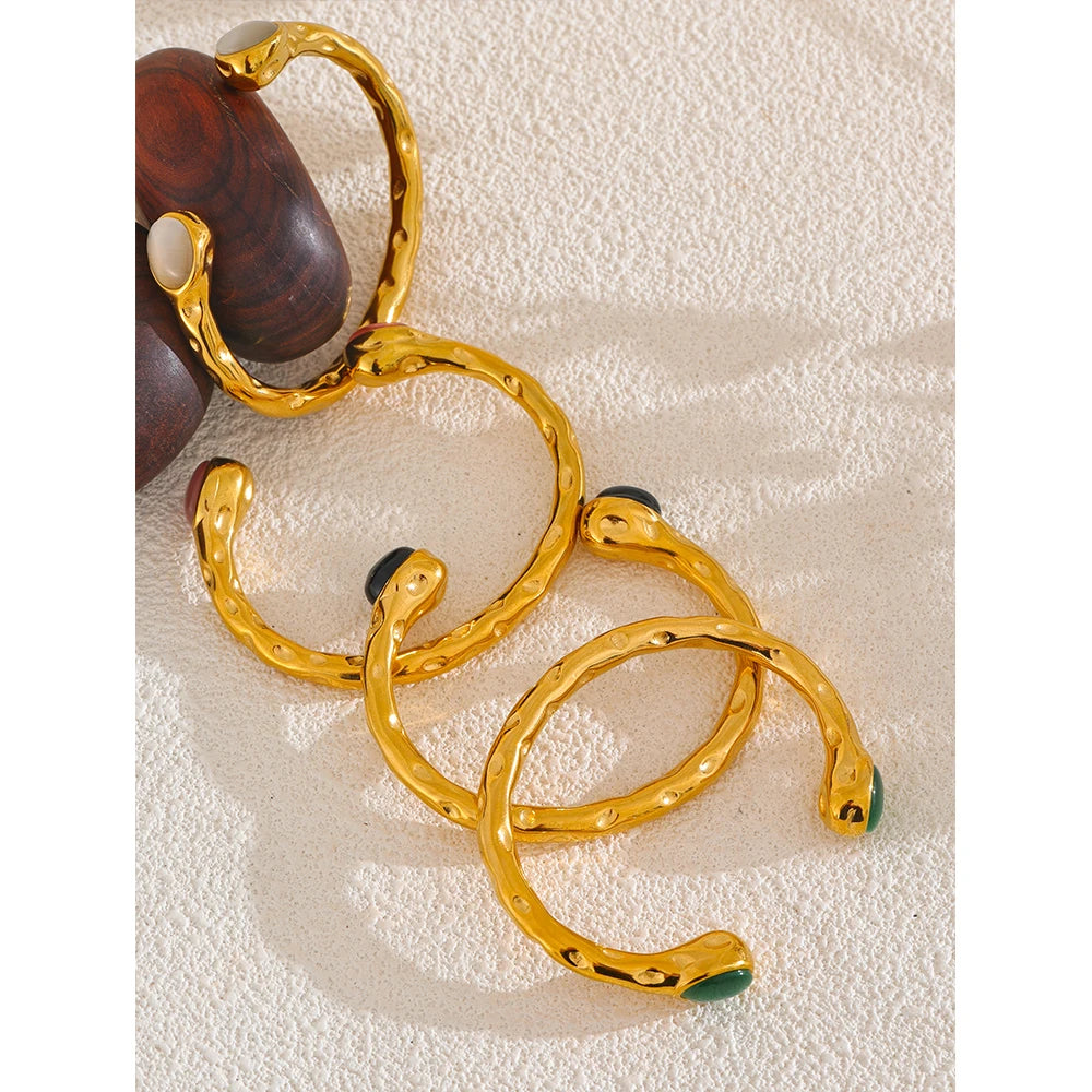 Yhpup 62mm de alta qualidade aço inoxidável multicolorido pedra natural manguito dourado aberto pulseira resistente à água jóias 2024