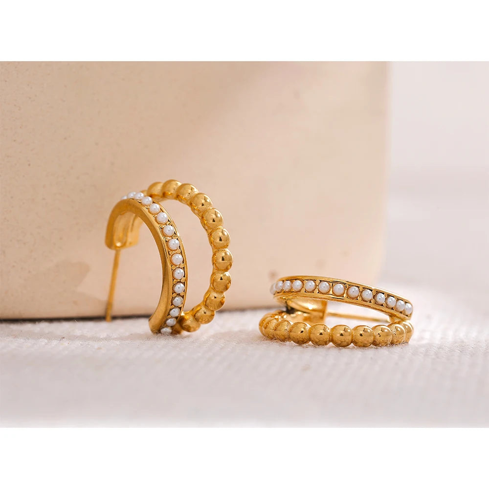 Yhpup vintage imitação de pérolas 18k banhado a ouro aço inoxidável brincos geométricos para mulheres moda joias à prova d'água