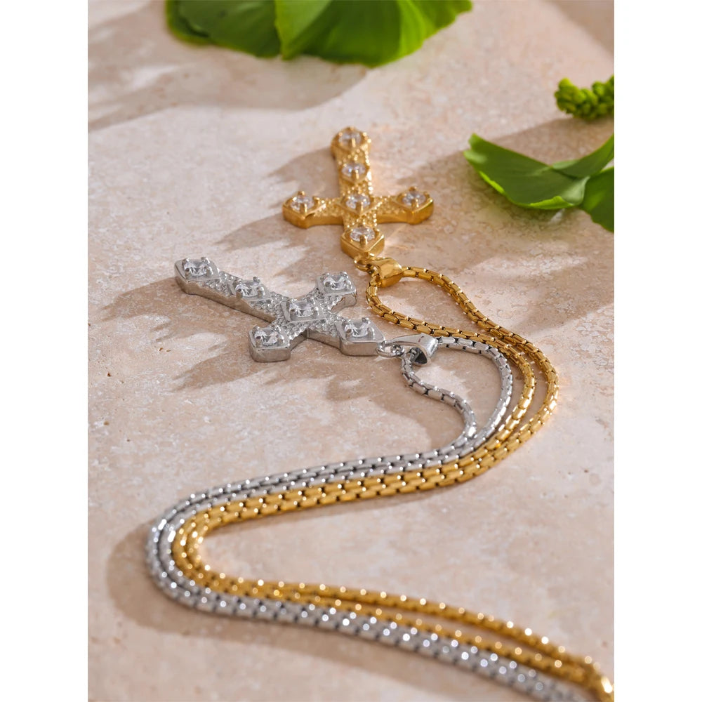 Yhpup requintado brilhante zircônia cúbica cruz clássico colar pingente para mulheres corrente de aço inoxidável temperamento jóias presente