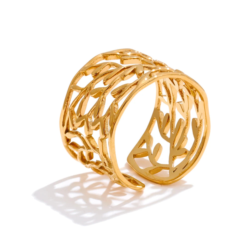 Yhpup distintivo aço inoxidável metal charme folha aberta manguito anel elegante popular ouro pvd banhado dedo jóias recomendar