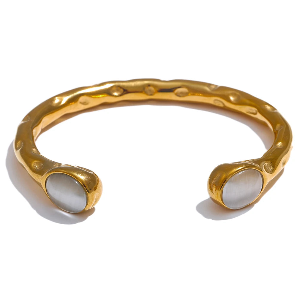 Yhpup 62mm de alta qualidade aço inoxidável multicolorido pedra natural manguito dourado aberto pulseira resistente à água jóias 2024