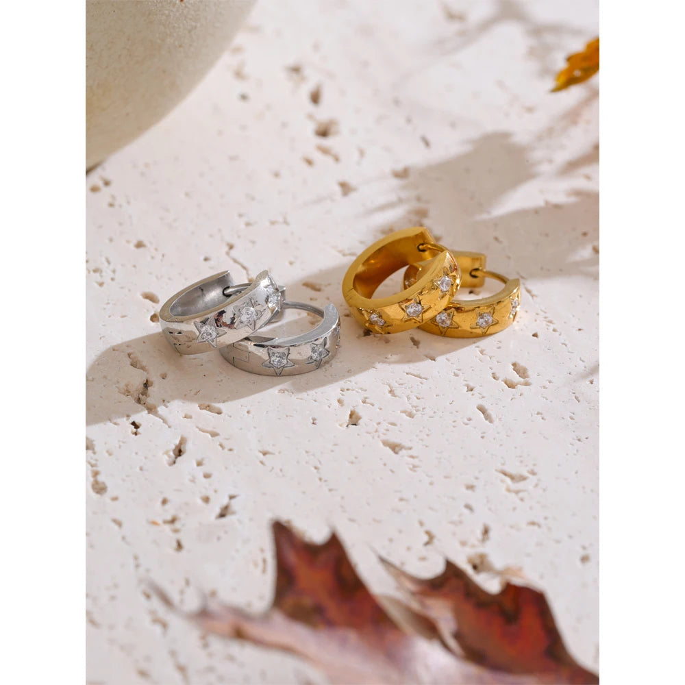Yhpup tamanho: 16*16mm zircônia estrela redonda brincos de argola diários para mulheres evitam alergias joias chiques de alta qualidade em aço inoxidável