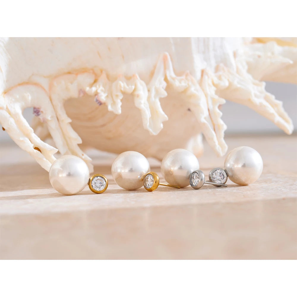 Yhpup estilo coreano imitação de pérolas zircão redondo clássico diário brincos feminino charme de aço inoxidável moda jóias presente