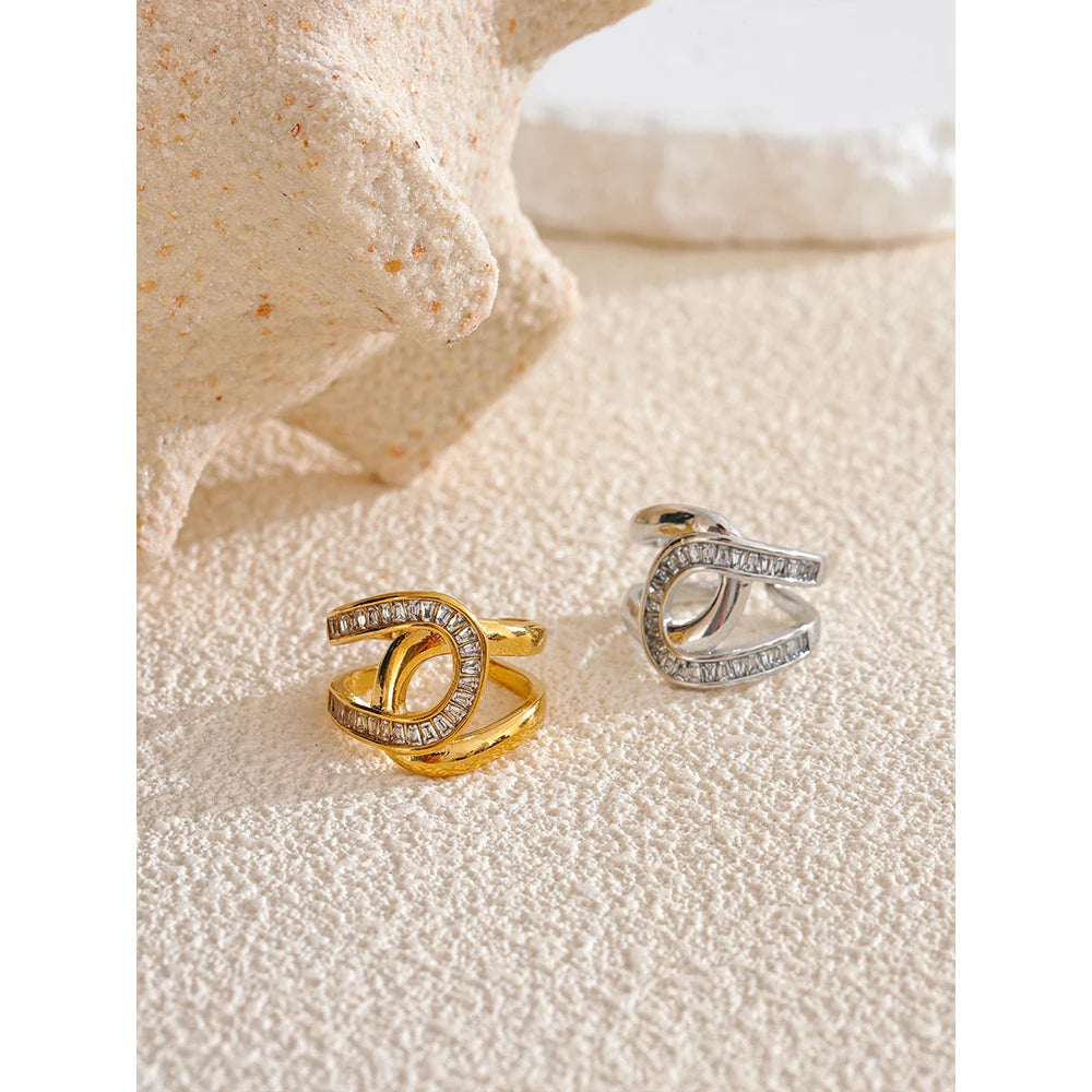 Yhpup moda aço inoxidável zircônia cúbica anel aberto para mulheres de alta qualidade geométrica delicada zircão jóias 18k pvd banhado