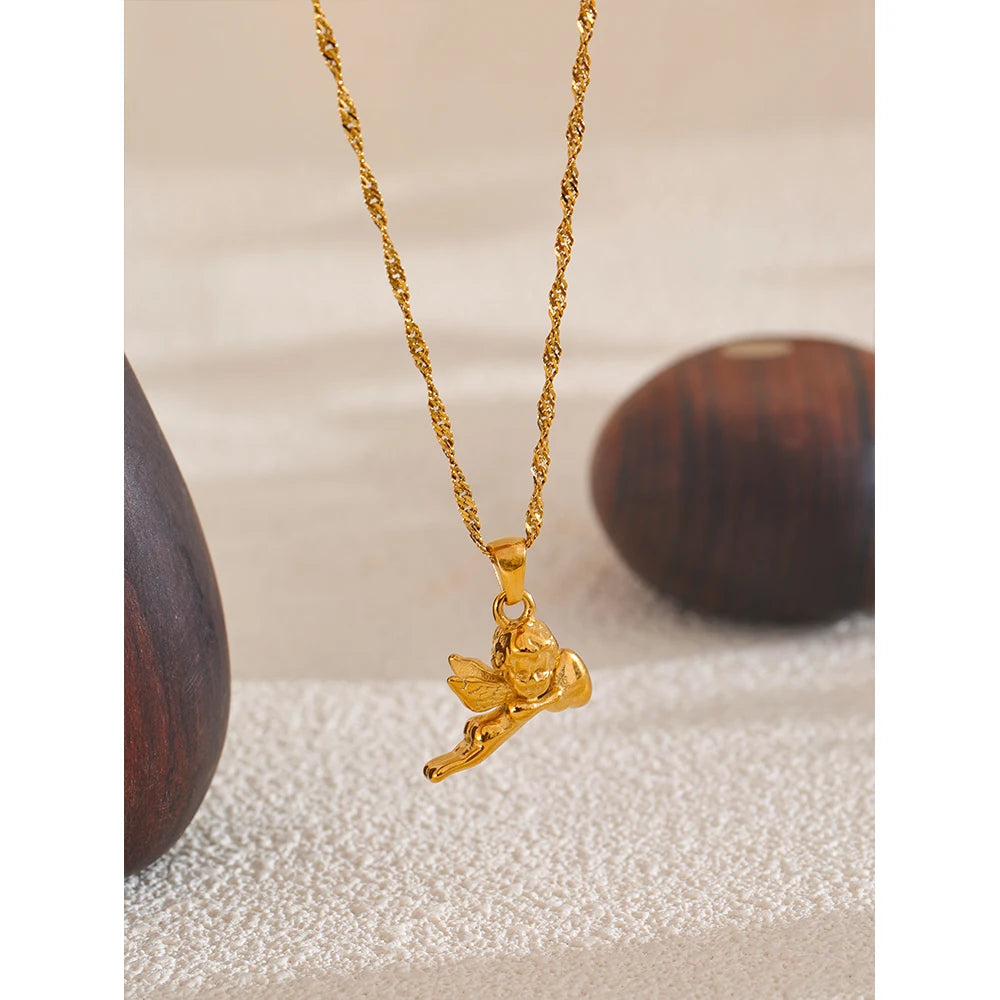 Yhpup-Colar De Pingente De Coração De Anjo, Aço Inoxidável, 18K PVD Banhado, Impermeável, Expressando Amor, Bênção, Jóias Presente, Acessórios