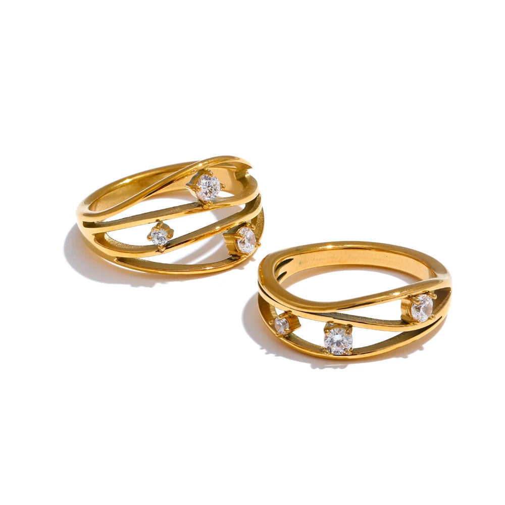 Yhpup 2 estilos de aço inoxidável fundido de metal oco incrustado zircônia cúbica anel fashion 18k banhado a ouro PVD joias de dedo da moda