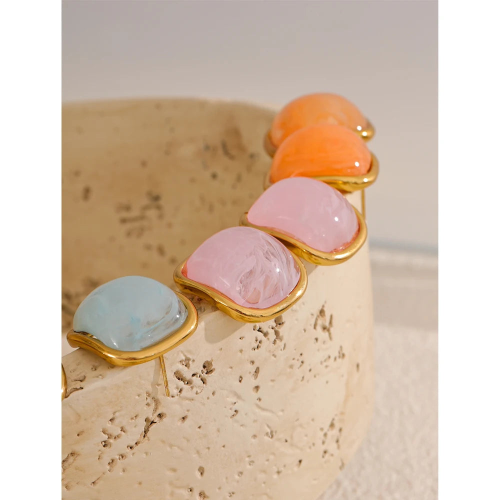 Yhpup-Brincos Quadrados Dourados para Mulheres, Resina Colorida, Aço Inoxidável, Jóias de Charme Doce, Impermeável, Banhado a 18K, Y2K, Verão, 2024