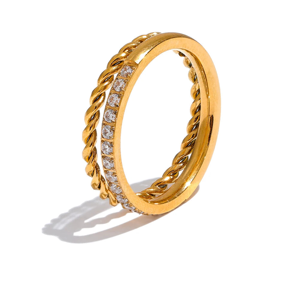 Yhpup delicado zircônia cúbica dupla corrente redonda anel dourado para mulheres à prova d'água joias baratas diárias bijuterias 2024