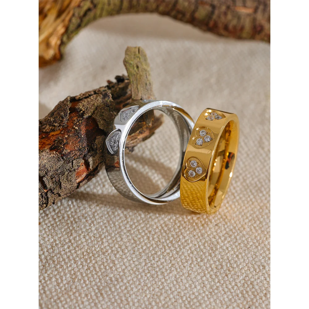 Yhpup requintado zircônia cúbica coração de aço inoxidável redondo moda chique anel ouro prata cor charme dedo bling jóias presente