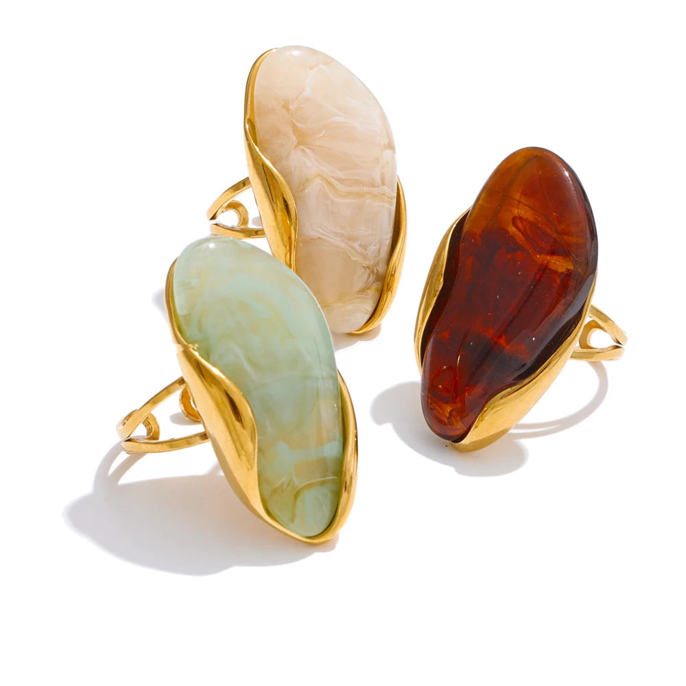 Yhpup novo design marrom verde bege resina geométrica anel ajustável dourado pvd aço inoxidável à prova de ferrugem dedo jóias presente