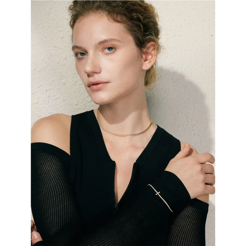 Yhpup luxo brilhante zircônia cúbica corrente colar delicado aço inoxidável de alta qualidade premium jóias acessórios