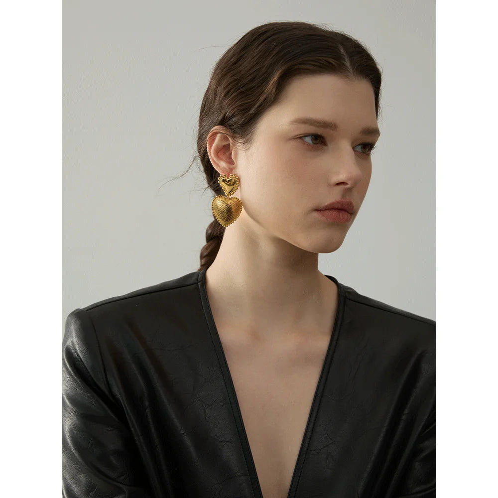 Yhpup-Coração De Metal De Aço Inoxidável e Amor Gota Brincos Românticos, 18K PVD Plated Textura Jóias, Grande Promoção, Atacado