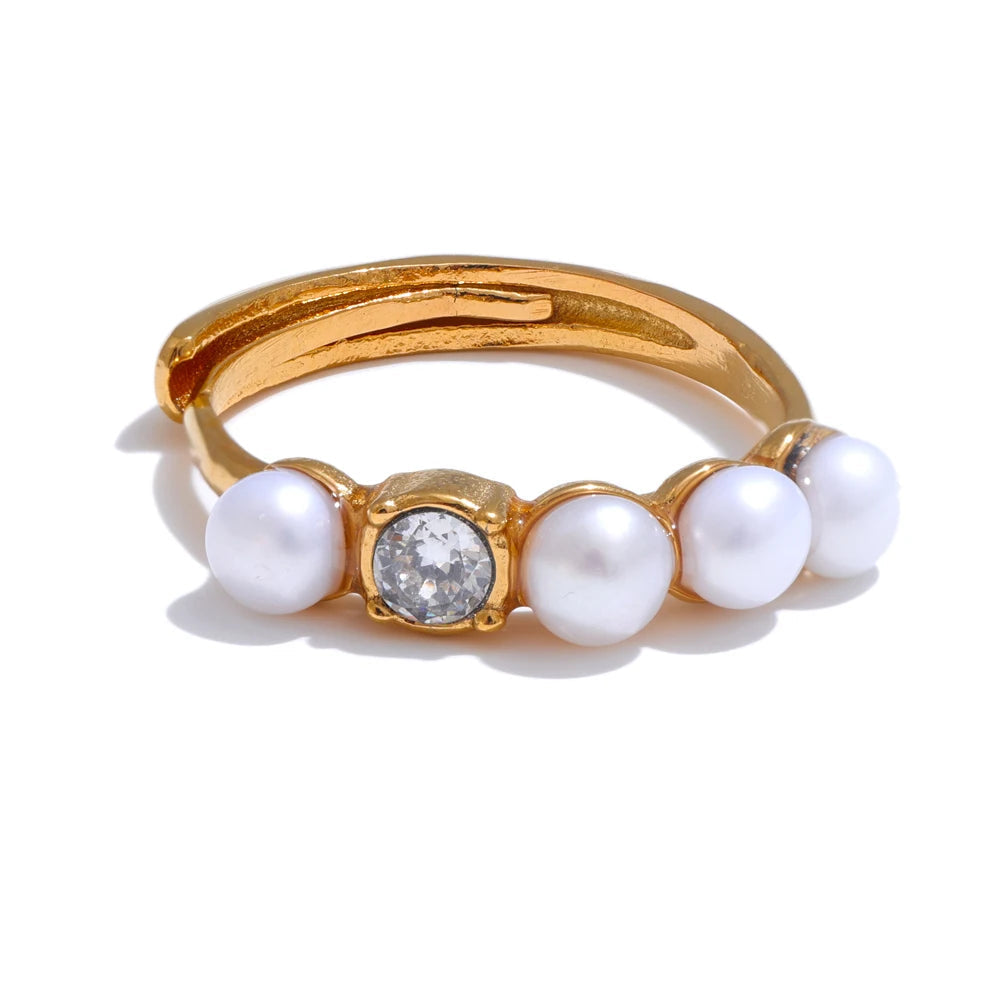 Yhpup elegante anel de zircônia com pérolas naturais para mulheres, aço inoxidável, temperamento dourado, chique, moda, joias à prova d'água