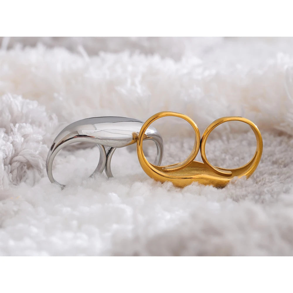 Yhpup 2024 aço inoxidável metal duplo dedo anel geométrico personalidade à prova de ferrugem atraente grande exagerado jóias presente