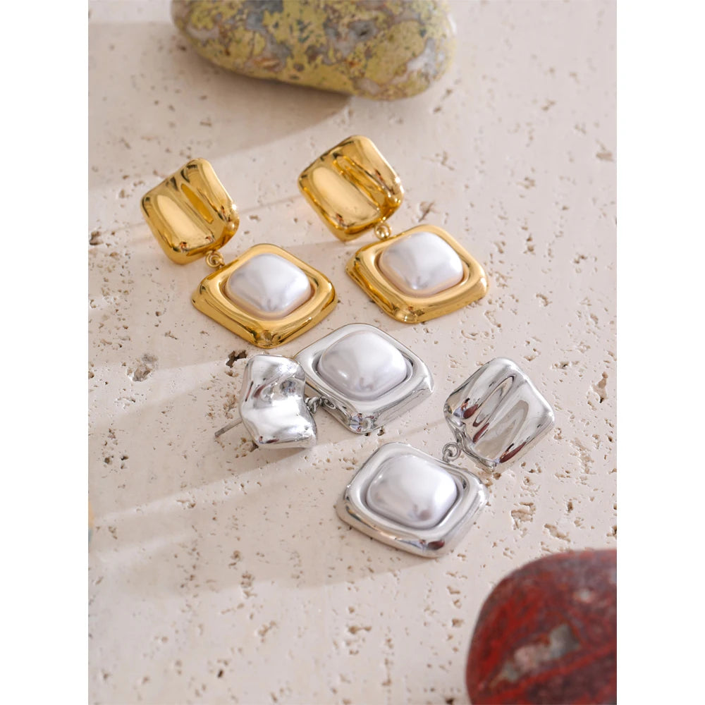 Yhpup elegância imitação de pérolas brincos quadrados anti alérgicos aço inoxidável atraente popular coreano jóias presente