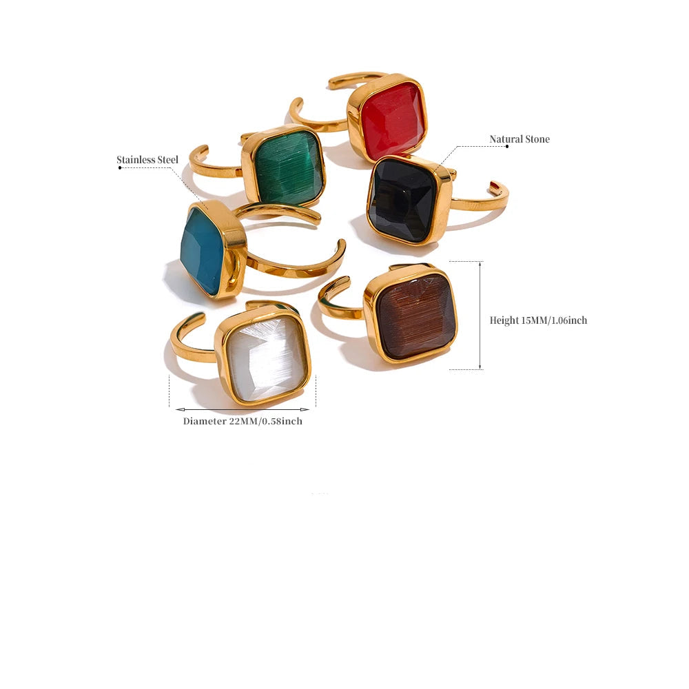 Yhpup opala colorida natural olho de gato pedra aço inoxidável quadrado aberto anel de alta qualidade à prova de ferrugem cor dourada joias de dedo