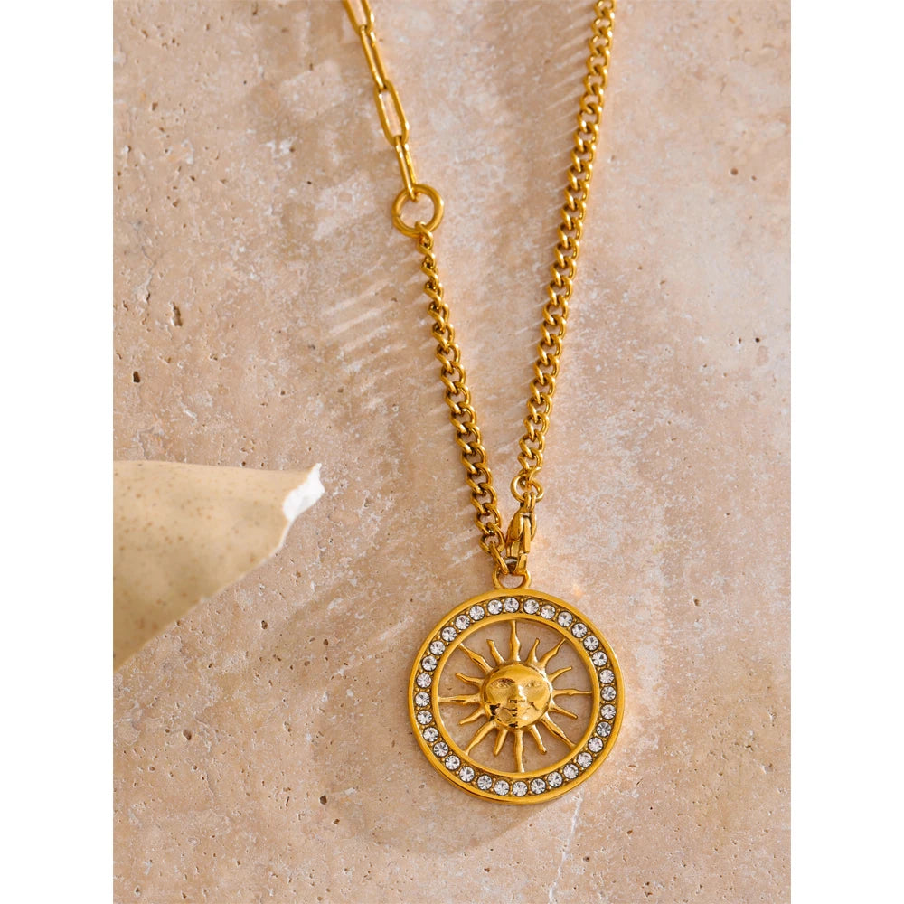 Yhpup estilo quente zircônia redonda sol oco pingente colar 18k cor de ouro aço inoxidável requintado premium jóias presente