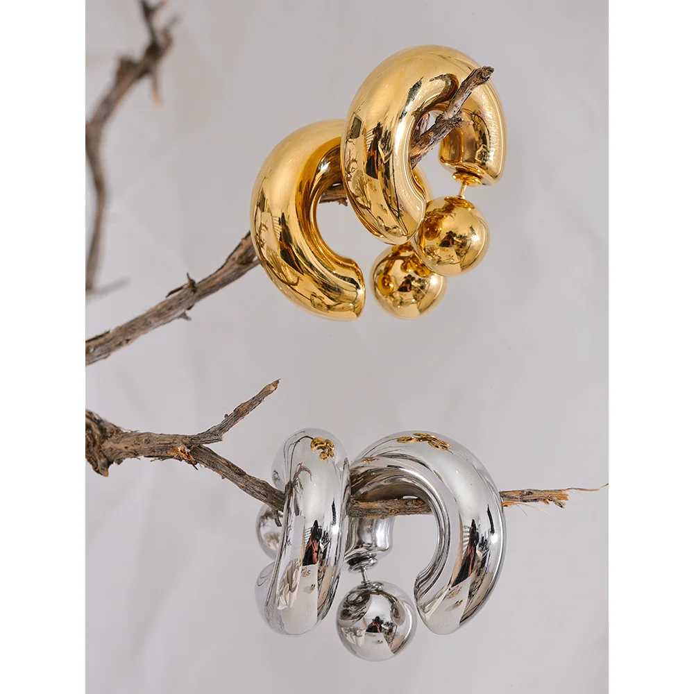 Yhpup Brincos redondos grossos em forma de C de aço inoxidável, joias incomuns, textura de metal à prova d'água, acessórios atraentes para mulheres, presente