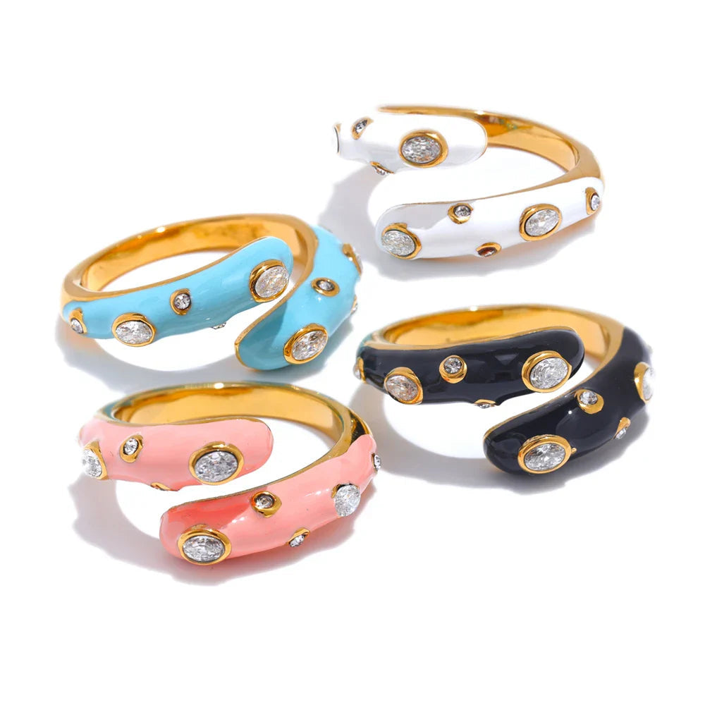 Yhpup doce ajustável y2k azul branco preto rosa esmalte zircônia cúbica requintado anel aberto dourado joias de aço inoxidável presente