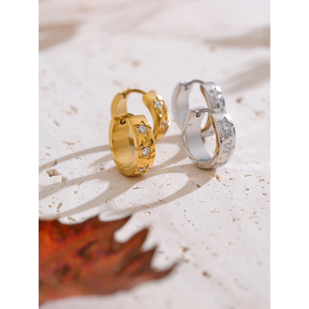Yhpup tamanho: 16*16mm zircônia estrela redonda brincos de argola diários para mulheres evitam alergias joias chiques de alta qualidade em aço inoxidável
