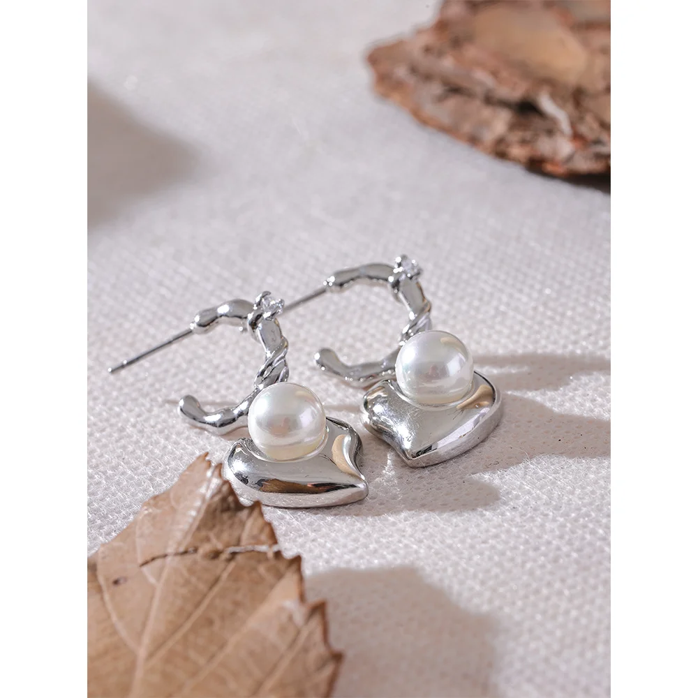 Yhpup-aço inoxidável coração cz brincos para mulheres, imitação de pérolas, prevenir alergia, jóias requintadas coreano, presente da moda