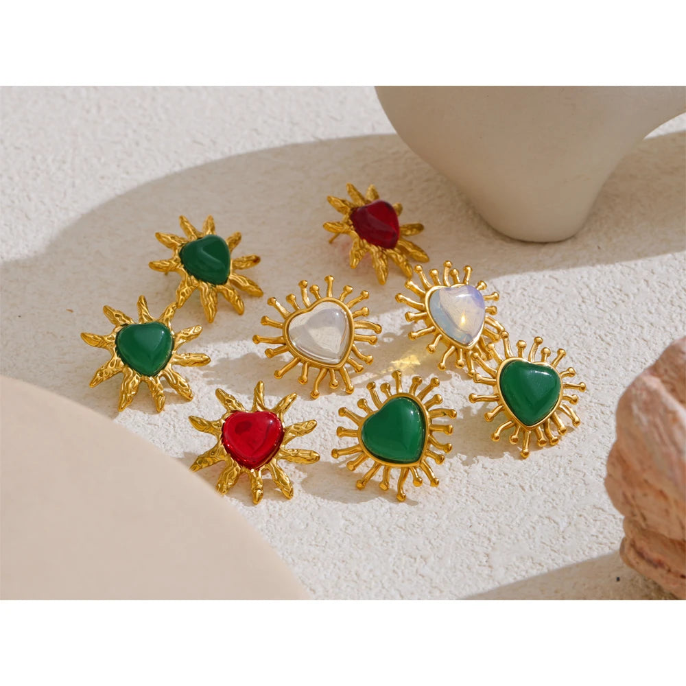 Yhpup Brincos de aço inoxidável com pedra verde, resina vermelha e branca, coração, amor, para mulheres, joias da moda diária