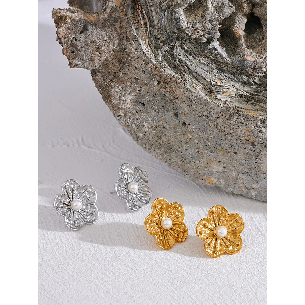 Yhpup moda flor imitação de pérolas brincos de aço inoxidável à prova d' água joias femininas 18k pvd banhado elegante bijuterias presente