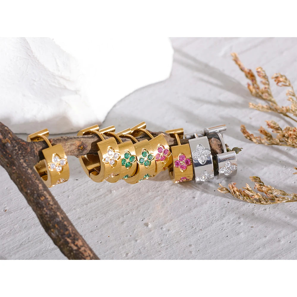 Yhpup requintado rosa verde branco zircônia cúbica aço inoxidável redondo chique brincos de argola feminino alta qualidade jóias à prova dwaterproof água