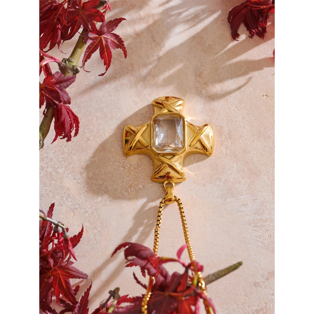 Yhpup delicado aaa brilhante zircônia cúbica cruz pingente colar cor de ouro aço inoxidável clássico charme colar jóias 2025