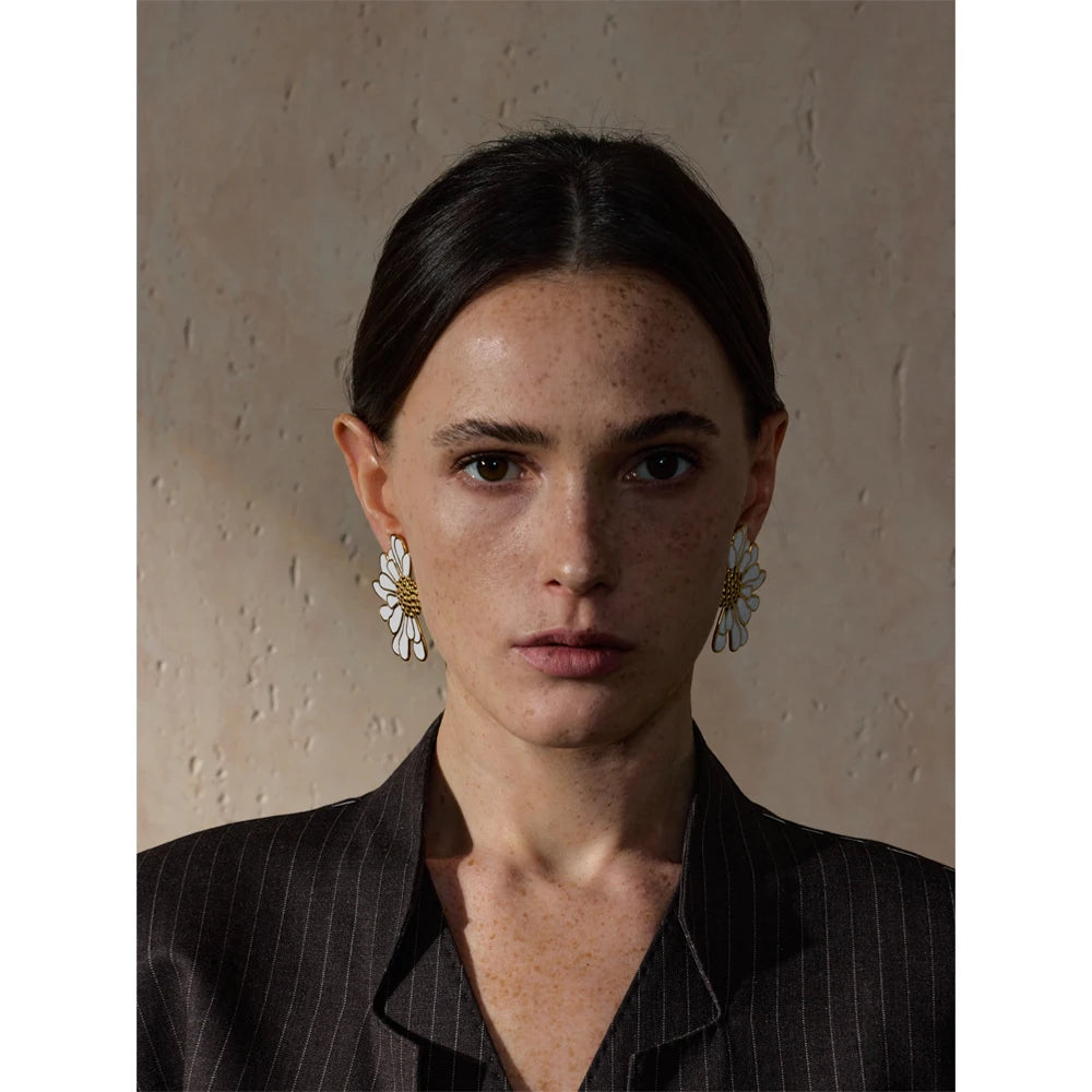 Yhpup grande branco preto esmalte flor declaração moda brincos 18k cor ouro pvd banhado a aço inoxidável jóias presente