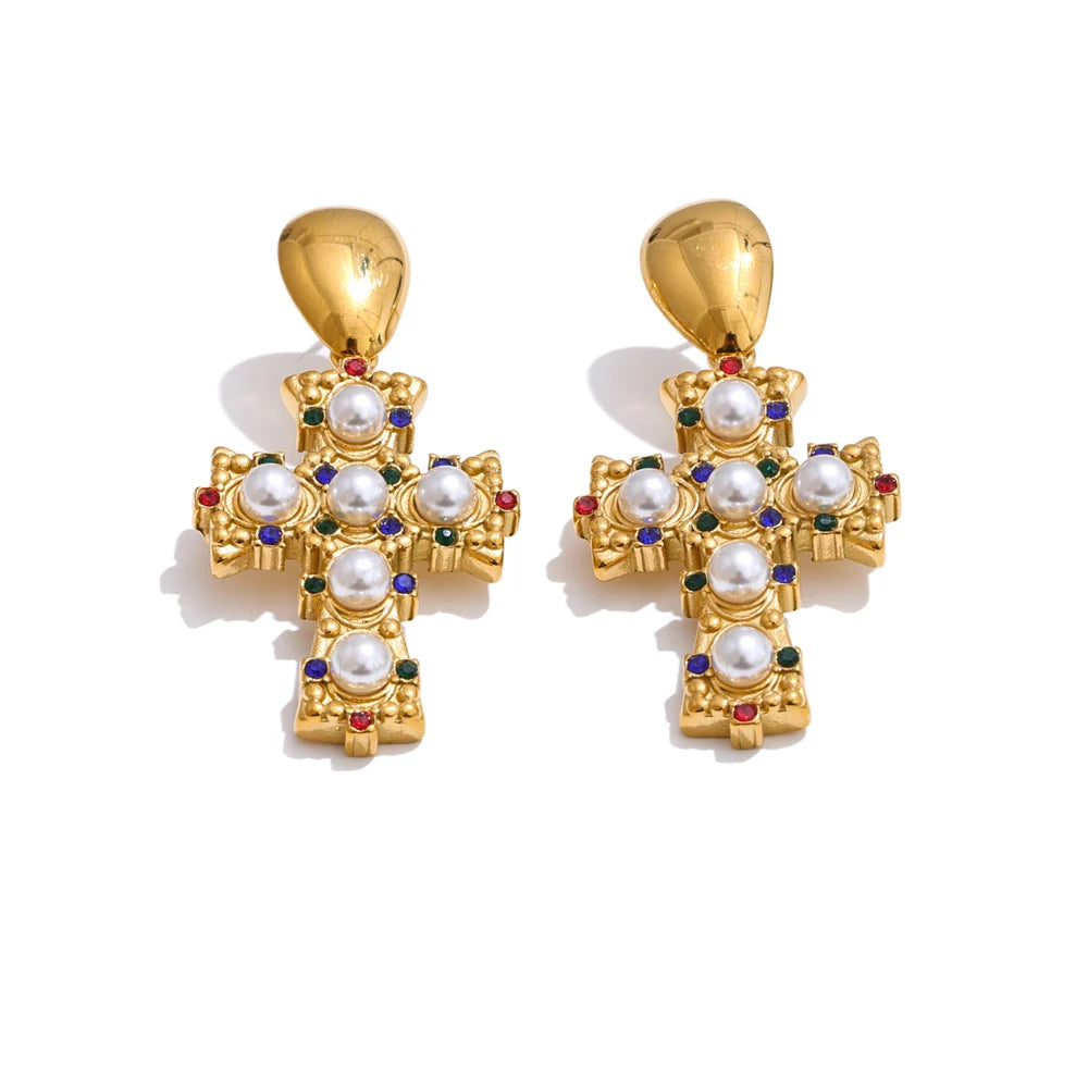 Yhpup vintage imitação de pérolas zircônia cruz brincos 18k cor ouro aço inoxidável joias populares 2025