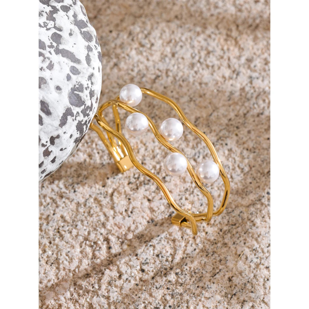 Yhpup 65mm elegância simulada pérolas em camadas oco manguito pulseira 18k cor de ouro aço inoxidável chique jóias de pulso