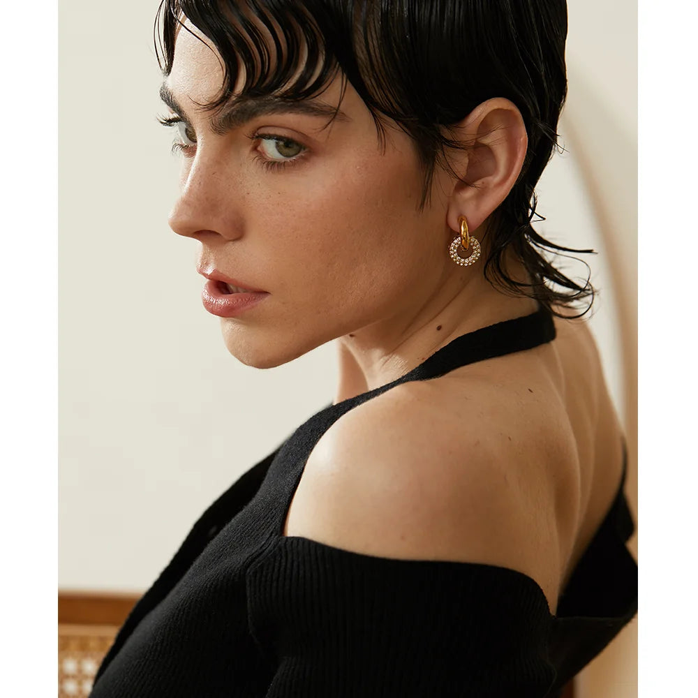 Yhpup delicado brilhante zircônia cúbica redonda aço inoxidável 18k cor dourada huggie hoop brincos de alta qualidade charme jóias presente